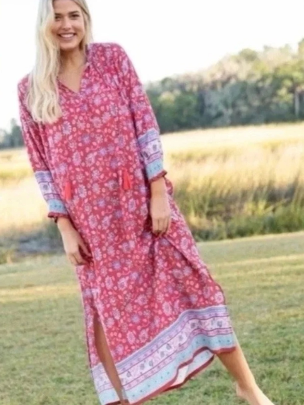 Natural Life Dara Woven Red Pink Border Boho Flowy Maxi Dress Red Pink Border L